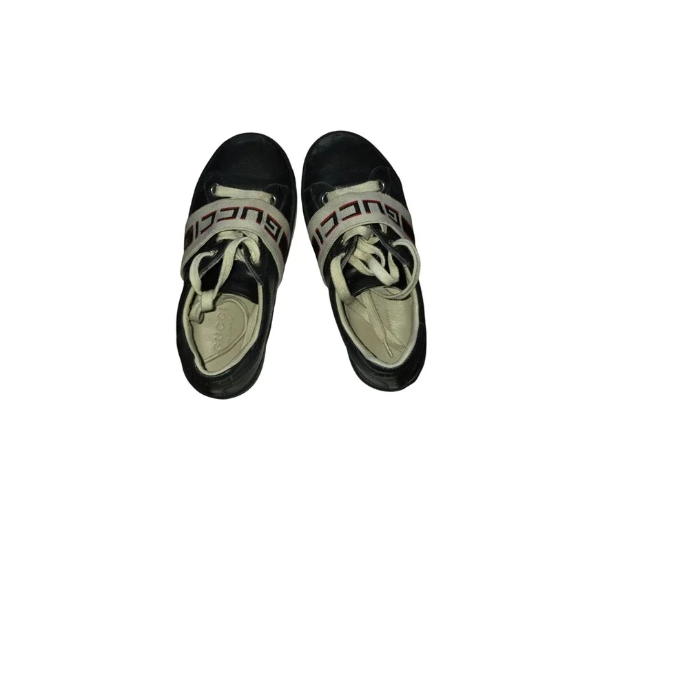 Gucci Ace Black Leather Logo Elastic Strap Sneakers Low Top Shoes‎ 523469